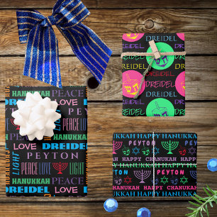 Happy Hanukkah Colorful Childs Name Typografie Inpakpapier Vel