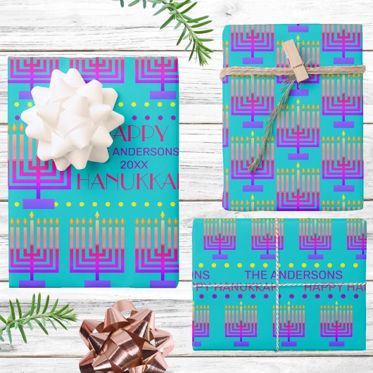 Happy Hanukkah Colorful Menorah Turquoise Pattern Inpakpapier Vel