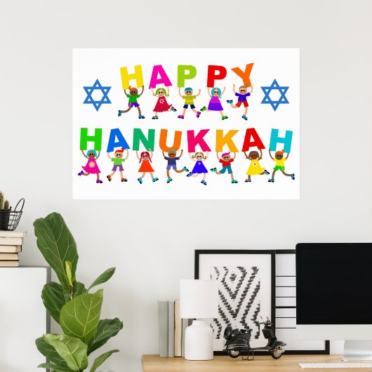 Happy Hanukkah Cute Cartoon Diverse Kinder tekst Poster (Thuiskantoor)