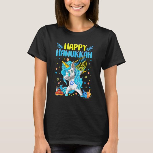 Happy Hanukkah Dabbing Jewish Unicorn Kids Chanuka T-shirt (Voorkant)