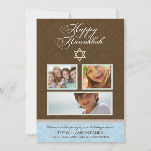 Happy Hanukkah Damask Holiday Card (bruin/blauw) Feestdagenkaart