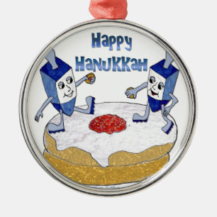 Happy Hanukkah Dancing Dreidels Jelly Doughnut Metalen Ornament
