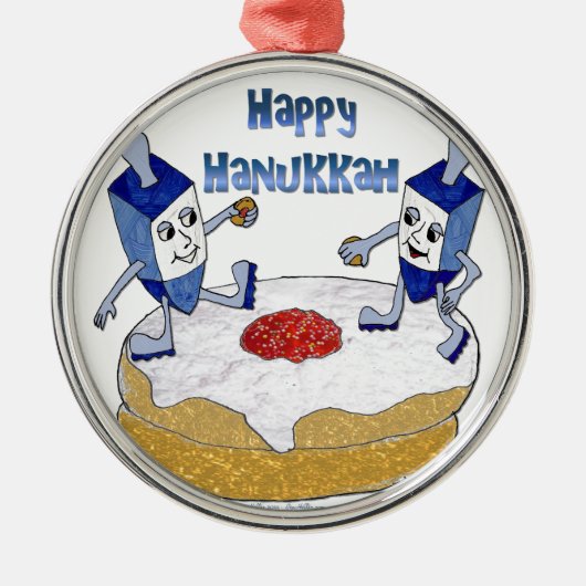 Happy Hanukkah Dancing Dreidels Jelly Doughnut Metalen Ornament (Voorkant)