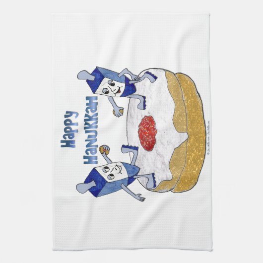 Happy Hanukkah Dancing Dreidels Jelly Doughnut Theedoek (Verticaal)