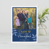 Happy Hanukkah Dark Blue Photo Holiday Feestdagenkaart (Staand voorkant)
