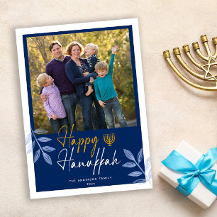Happy Hanukkah Dark Blue Photo Holiday Feestdagenkaart