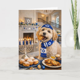 Happy Hanukkah Dog Card – Playful Golden Doodle Kaart