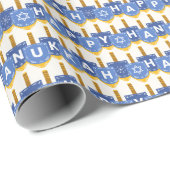 Happy Hanukkah Dreidel Blauw Patroon Modern Cadeaupapier (Rol Hoek)