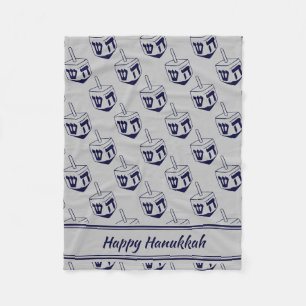 HAPPY HANUKKAH Dreidel Modern SILVER GRAY Navy Fleece Deken