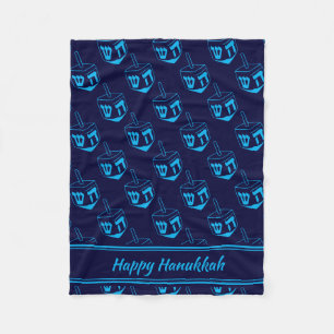 HAPPY HANUKKAH Dreidel NAVY CYAN Fleece Deken