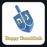 Happy Hanukkah Dreidel Vierkante Sticker<br><div class="desc">Gold Happy Hanukkah sms met een blauwe droidel.</div>