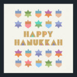 Happy Hanukkah Dreidels en Stars Poster<br><div class="desc">Een leuk en feestelijk Hanukkah-ontwerp met kleurrijke dromen en sterren. Een modern,  niet-traditioneel ontwerp en patroon met gestileerde droidels en Star van David geometrische vormen.</div>