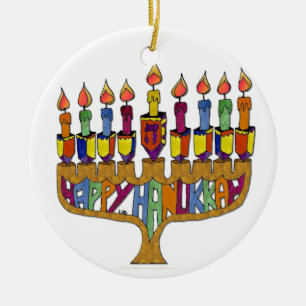 Happy Hanukkah Dreidels Menorah Keramisch Ornament