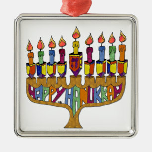Happy Hanukkah Dreidels Menorah Metalen Ornament