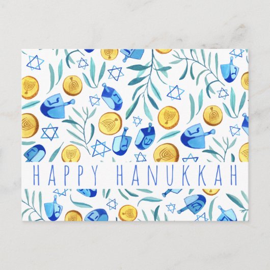 Happy Hanukkah Driedel Gelt Waterverf CUSTOM Briefkaart (Voorkant)