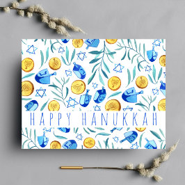 Happy Hanukkah Driedel Gelt Waterverf CUSTOM Briefkaart