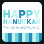 Happy Hanukkah | Eenvoudig modern blauw en Blauwgr Vierkante Sticker<br><div class="desc">Een modern blauw en blauwgroen Hanukkah-ontwerp</div>