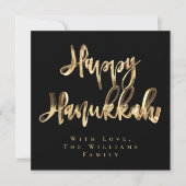 Happy Hanukkah Elegant Black en Gold Blik Script Feestdagenkaart (Voorkant)