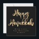 Happy Hanukkah Elegant Black en Gold Blik Script Feestdagenkaart<br><div class="desc">Happy Hanukkah Typografie Elegant Black and Gold,  Faux Gold Foil Text en Stripes on Black Background,  Modern Script,  Chic Hanukkah Card</div>