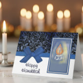 Happy Hanukkah Elegant Blue Scroll Pattern Candle Feestdagen Kaart