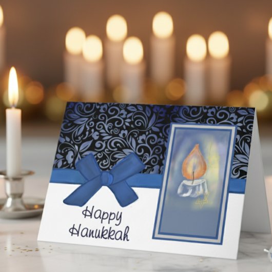 Happy Hanukkah Elegant Blue Scroll Pattern Candle Feestdagen Kaart