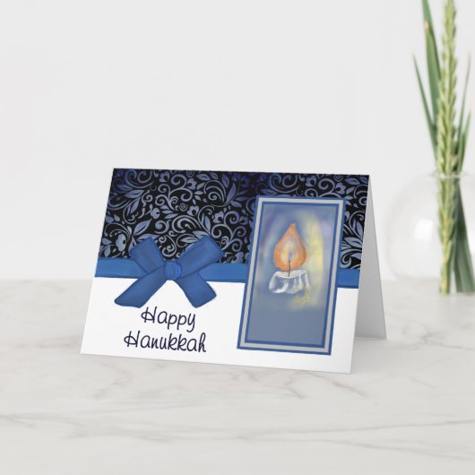 Happy Hanukkah Elegant Blue Scroll Pattern Candle Feestdagen Kaart (Voorkant)