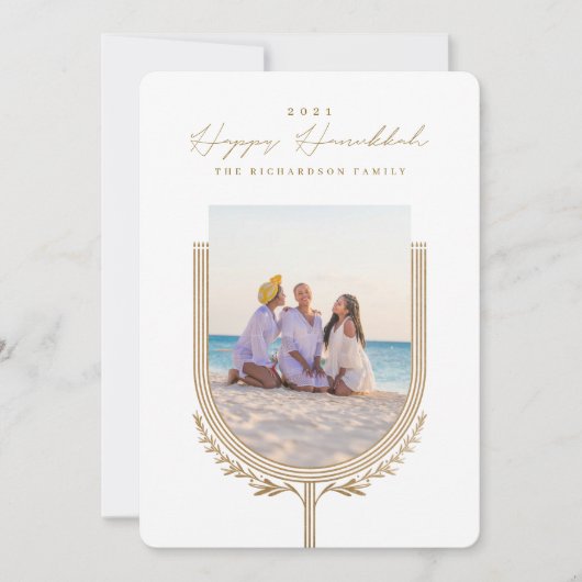 Happy Hanukkah Elegant Golden Menorah Photo Arch Feestdagenkaart (Voorkant)