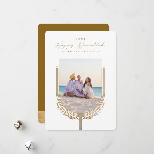 Happy Hanukkah Elegant Golden Menorah Photo Arch Feestdagenkaart (Voorkant / Achterkant in situ)