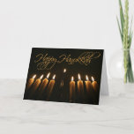 Happy Hanukkah Elegant Menorah Candles Feestdagen Kaart<br><div class="desc">Deze mooie kaart is een mooie manier om je vrienden en familie een gelukkige Hanukkah te wensen. Het is voorzien van een opvallende foto van een brandende menorah die van onderaf is gemaakt en die een artistieke en unieke look geeft. Binnen is er ruimte voor uw foto evenals een persoonlijk...</div>