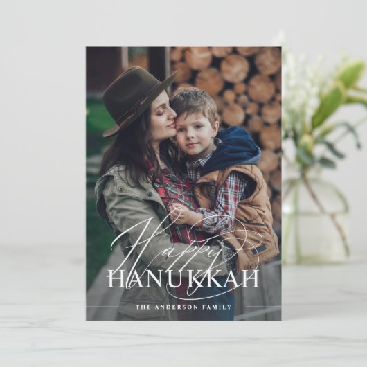 Happy Hanukkah | Elegant Script Photo Dark Green Feestdagenkaart (Staand voorkant)
