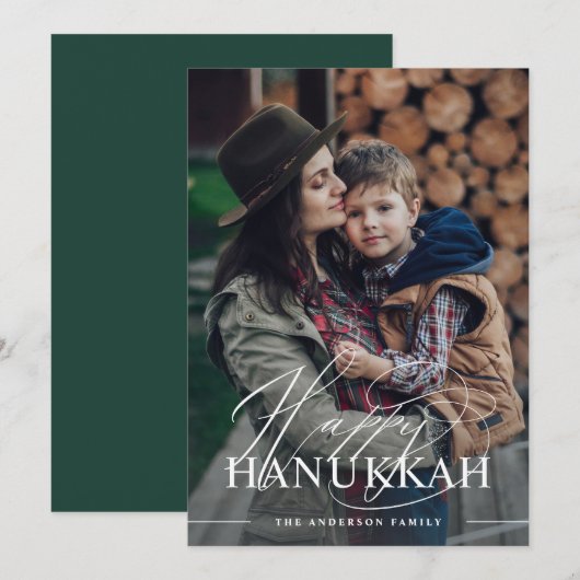 Happy Hanukkah | Elegant Script Photo Dark Green Feestdagenkaart (Voorkant / Achterkant)