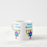 Happy Hanukkah Espresso Kop<br><div class="desc">Persoonlijke cadeautjes die "Happy Hanukkah" zeggen,  hebben de joodse ster en kaarsen die elke speciale nacht aan het licht kunnen komen.  prettige feestdagen en een geweldig nieuwjaar!</div>
