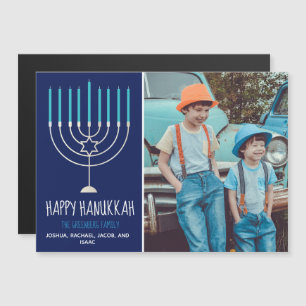 Happy Hanukkah Familie Foto Blauw Magnetische Kaar