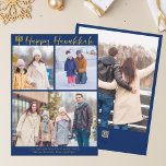 Happy Hanukkah Family 3 Photo Collage Modern Blue Feestdagenkaart<br><div class="desc">Modern customizable Jewish family photo collage Hanukkah card with a collection of winter photos. Add 3 of your favorite Chanukah memories on this modern three photograph layout below a menorah and gold cursive script. Happy Hanukkah.</div>