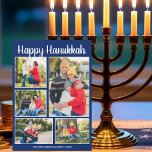 Happy Hanukkah Family Photo Collage Blue Pattern Feestdagenkaart<br><div class="desc">Beautiful blue Happy Hanukkah cards with your family photo collage underneath the white script. Cute customized photograph cards for a proud Jewish family during the holiday season. The back is a dreidel,  menorah,  and Star of David pattern.</div>