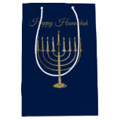 Happy Hanukkah Faux Gold Menorah Blue Holiday Medium Cadeauzakje (Voorkant)