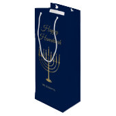 Happy Hanukkah Faux Gold Menorah Monogram Blue Wijn Cadeautas (Achterkant Gekanteld)
