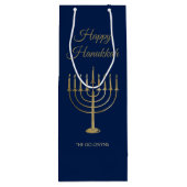 Happy Hanukkah Faux Gold Menorah Monogram Blue Wijn Cadeautas (Achterkant)