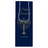 Happy Hanukkah Faux Gold Menorah Monogram Blue Wijn Cadeautas (Voorkant)