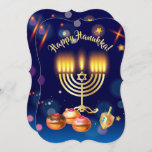 Happy Hanukkah-festival van Lichten Kaart<br><div class="desc">Uitnodiging voor Happy Chanoeka Festival of Lights Party. Prachtige joodse vakantie luxe uitnodiging of Wenskaart. Happy Chanoeka tekst (script) Jewish Holiday Chanoeka Bokeh licht achtergrond met traditionele Chanoeka symbolen - houten dreidels (draaiende top), zoete donuts, gouden hanoekkia menorah, kaarsen, davidster en gloeiende lichten wallpaper blauw marine kleurpatroon, Goud Lijst. Chanoeka...</div>