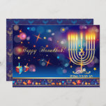 Happy Hanukkah Festival van Lights Gold Kaart<br><div class="desc">Uitnodiging Gelukkig Chanoeka Festival of Lights. Prachtige joodse vakantie luxe uitnodiging of Wenskaart. Happy Chanoeka - Hebreeuwse tekst (script) Jewish Holiday Chanoeka Bokeh licht achtergrond met traditionele Chanoeka symbolen - houten dreidels (spinning top), donuts, menora, kaarsen, davidster en gloeiende lichten behangpatroon, Goud Lijst. Chanoeka Festival Decoratie. Jeruzalem, Israël. Uitnodigingen &...</div>