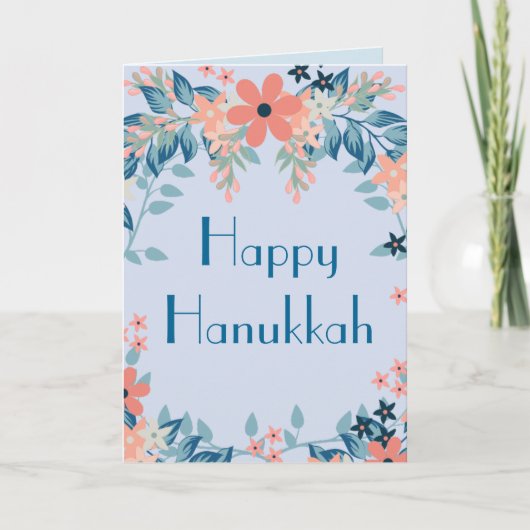 Happy Hanukkah Floral Blue en Pink Floral Feestdagen Kaart (Voorkant)