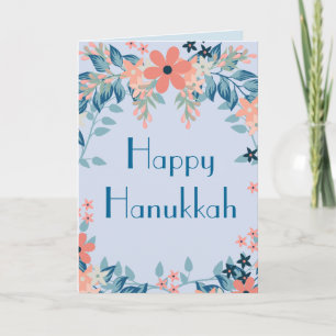 Happy Hanukkah Floral Blue en Pink Floral Feestdagen Kaart