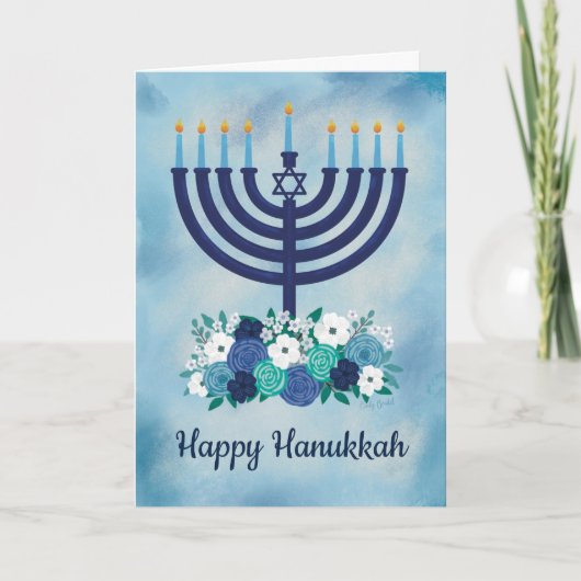 Happy Hanukkah Floral Menorah Dank je wel Bedankkaart (Voorkant)