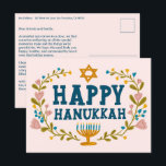 HAPPY HANUKKAH Floral Wreath Menorah Custom text Briefkaart<br><div class="desc">Hand drawn text and florals by me for you. Click "personalize" to edit and add your own text and return address to the back of the postcard or change the background colors. Everything is customizable. For more designs and colors check my shop! Or let me know if you'd like something...</div>
