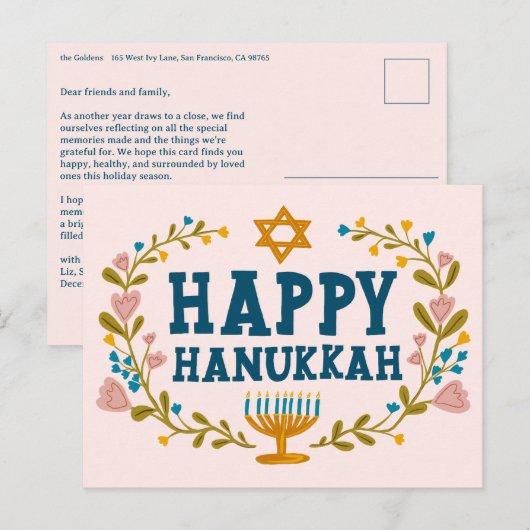 HAPPY HANUKKAH Floral Wreath Menorah Custom text Briefkaart (Voorkant / Achterkant)