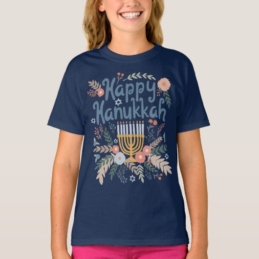 Happy Hanukkah FLorals Hand-getrokken kunst T-shirt (Voorkant)