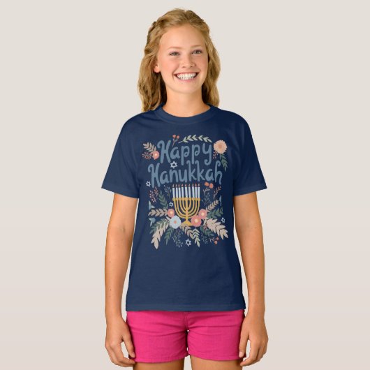 Happy Hanukkah FLorals Hand-getrokken kunst T-shirt (Voorkant volledig)