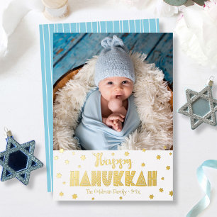 Happy Hanukkah Foto Modern Whimsical Real Gold Folie Feestdagenkaart
