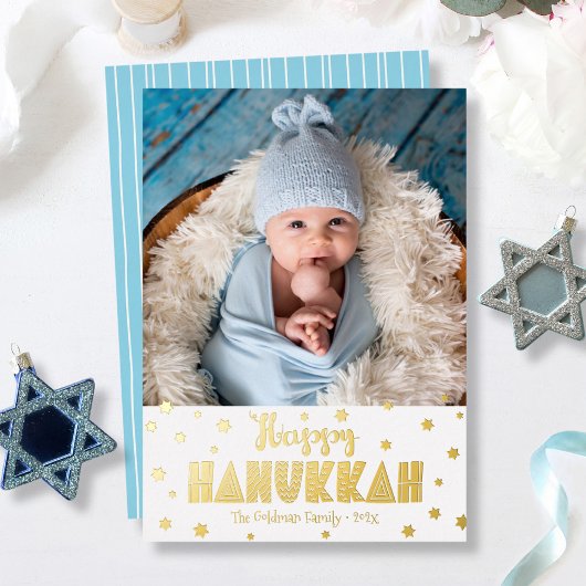 Happy Hanukkah Foto Modern Whimsical Real Gold Folie Feestdagenkaart